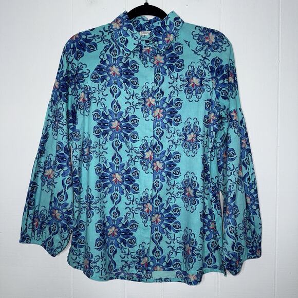 Modaposa Women’s Floral Cotton Button Up Top Long Sleeve Blue Size Small - Picture 1 of 6